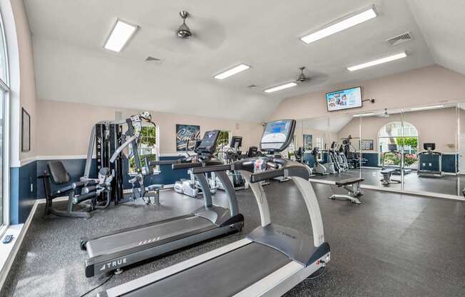A gym with treadmills and other exercise equipment.