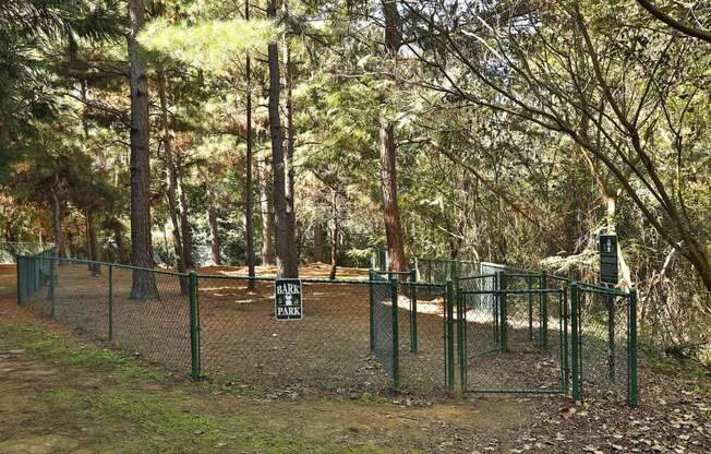 a dog park with a green fence and trees