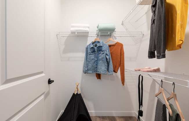 a walk in closet with built-in shelving and model clothing at Lake Nona Concorde