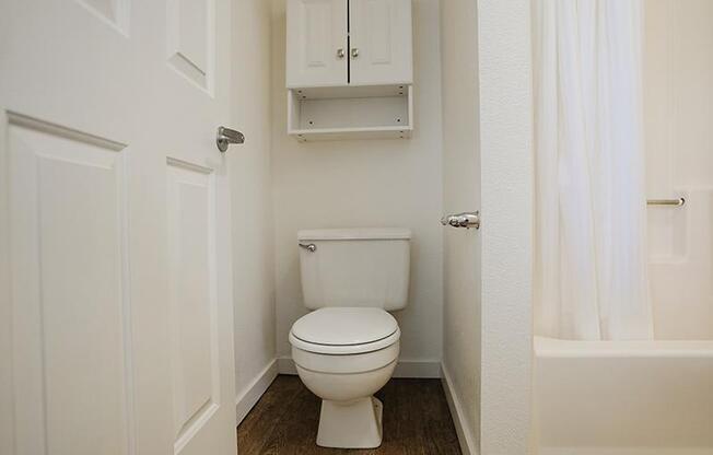 A white toilet in a small bathroom with a cabinet above it.