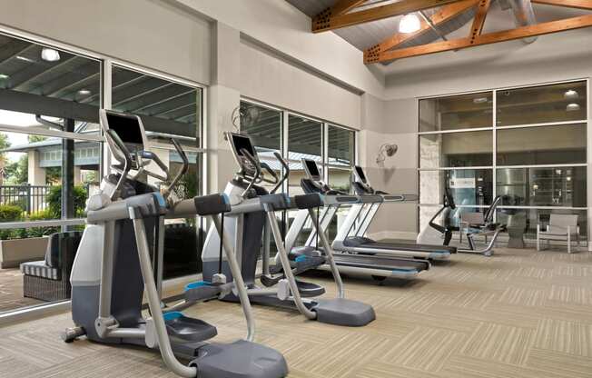 a gym with treadmills and elliptical machines