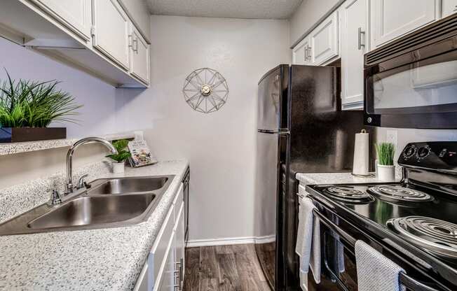 Model Kitchen with Upgraded Black Appliances at The Park on Preston in Dallas, Texas, TX