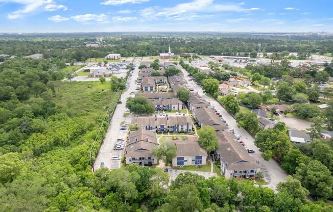 an aerial view of a neighborhood with houses and trees