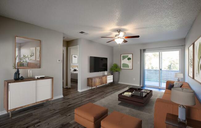 Livingroom with Patio at The Villas at Quail Creek Apartment Homes in Austin Texas
