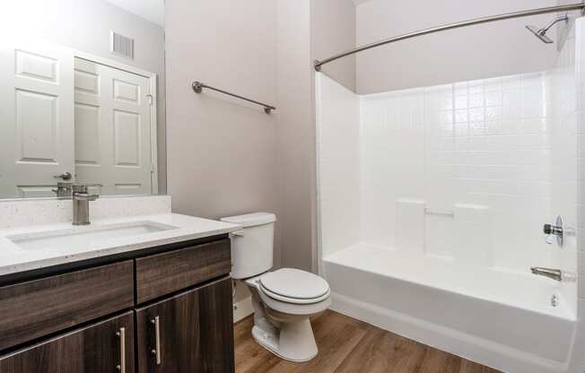 a bathroom with a shower toilet and sink and a mirror