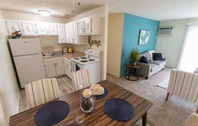 This is a photo of the kitchen from the dining area in the 705 square foot 2 bedroom, 1 bath apartment at Lisa Ridge Apartments in the Westwood neighborhood of Cincinnati, Ohio.