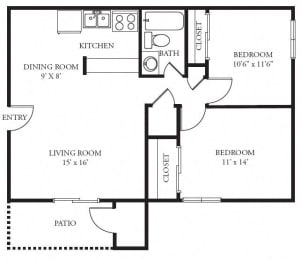 2 beds, 1 bath, 840 sqft, $1,288