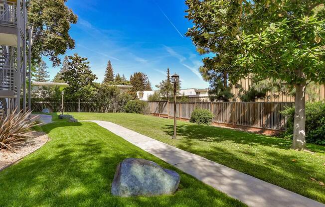 Walk paths in the garden at The Luxe, Santa Clara, CA