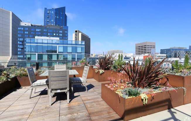 A wooden deck with chairs and planters in the foreground with a city skyline in the background.