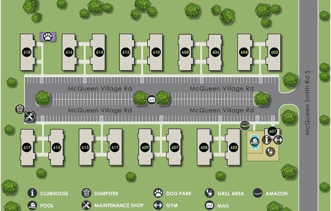 A map shows a neighborhood with streets, houses, and amenities like a clubhouse and a pool.