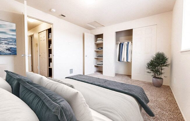 a bedroom with a bed and a closet