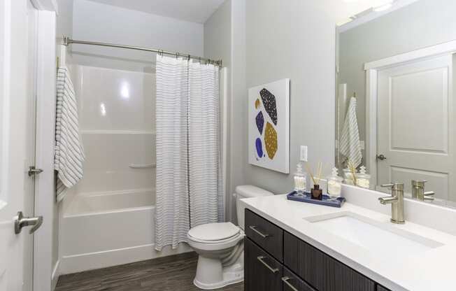 a bathroom with a shower toilet and sink and a mirror