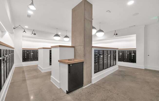 a tasting room with a wall of wine racks and a counter