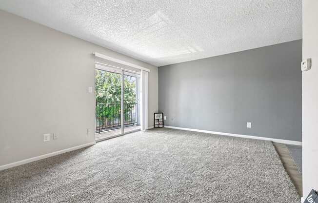 A room with a grey carpet and a window.