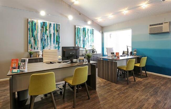 Clubhouse interior with white and blue wall colors1 at Twelve 501 Apartment Homes, Burnsville, 55337