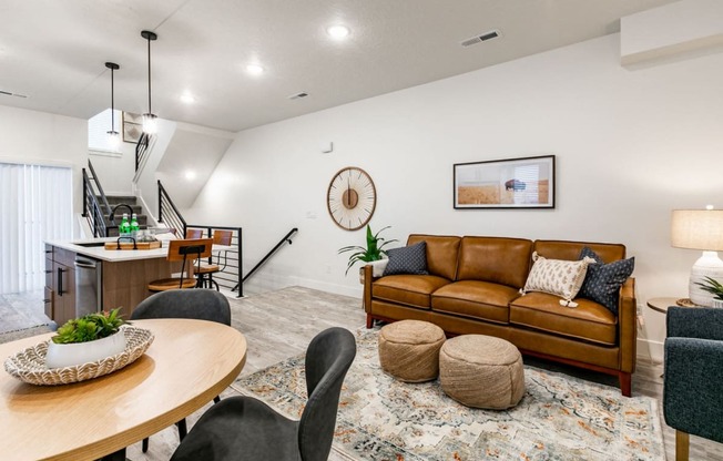 a living room with a couch and a table