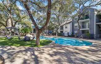 A swimming pool surrounded by trees and chairs in a sunny courtyard.