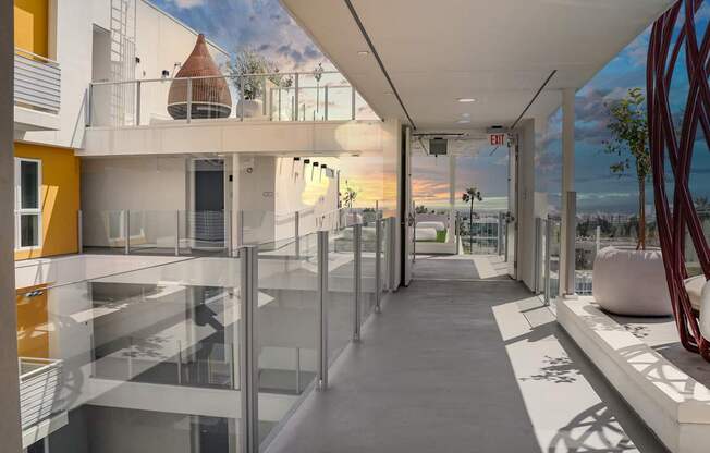 a view of a building with a mural on the wall