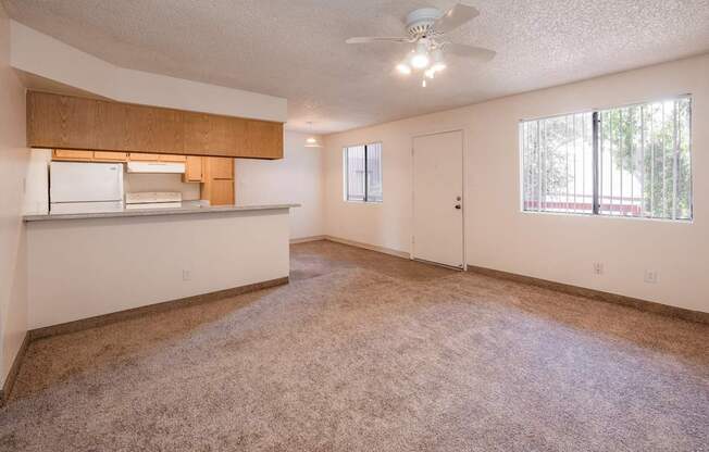 A room with a carpeted floor and a ceiling fan.