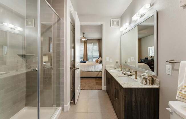 A bathroom with a walk-in shower and a large mirror.