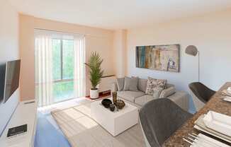 staged studio with kitchen