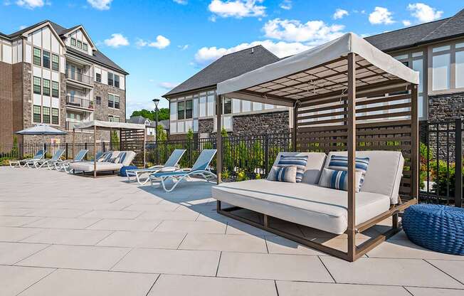 Pool cabanas and lounge chairs