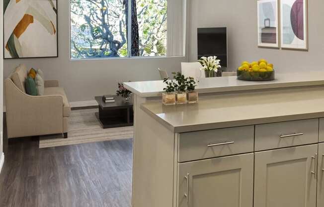 a kitchen with an island and a living room with a couch and a tv