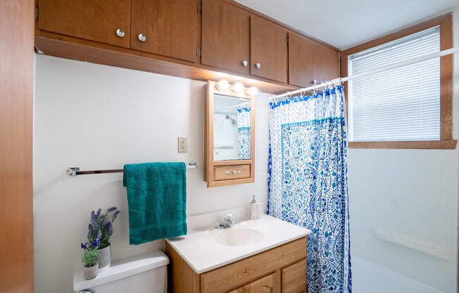 a bathroom with a white sink and a blue shower curtain. Fargo, ND Luxford Apartments