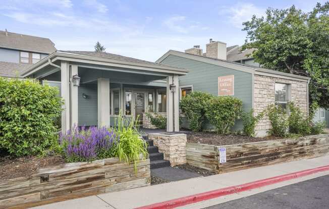 The exterior of the leasing office at Hilltop View Apartments