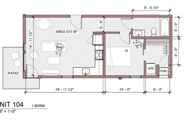 1 bed, 1 bath, 579 sqft, $1,412, Unit 104