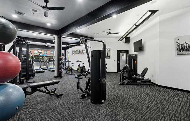 A gym with a variety of equipment including a weight machine, a bench, and a fan.