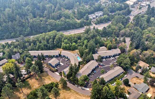 A bird's eye view of a parking lot surrounded by trees.