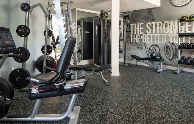 a gym with various machines and weights on the floor