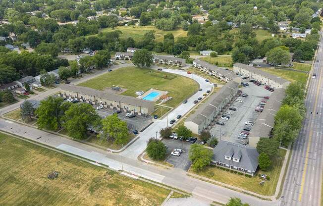 an aerial view of a parking lot
