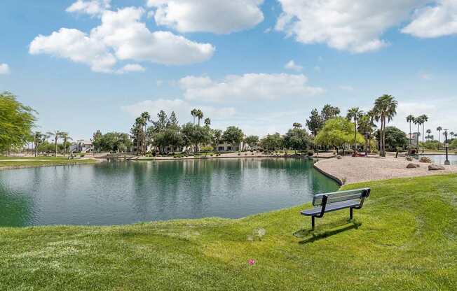 A bench sits on a grassy area next to a lake.