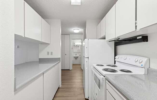 A white kitchen with a stove and cabinets.
