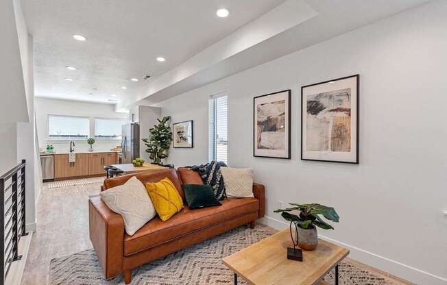 a living room with a couch and a table