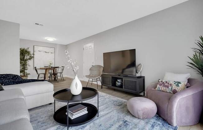 a living room with a couch a chair a coffee table and a tv at Stonewater Apartments, Kentucky, 40241
