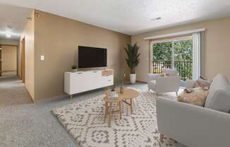 a living room with a white rug and a couch and a television