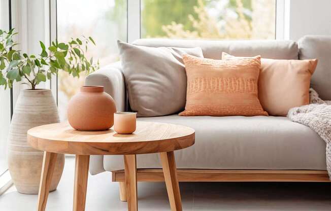 A living room with a grey couch, a round wooden table with a vase and candle on it, and a potted plant.