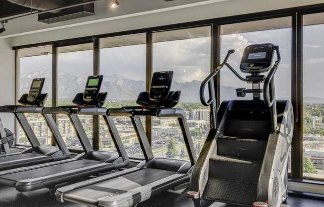 State-of-the-art Fitness Center with four treadmills and a view of the mountains