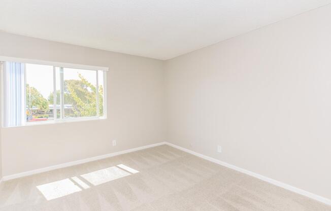 A bright, empty room with light beige walls and carpet. A large window lets in natural light, illuminating the space. Simple and clean design with no furniture, creating a minimalist atmosphere.