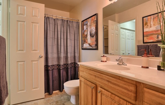 large bath with wood vanity