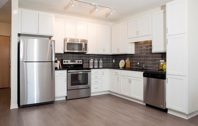 Kitchen with no island, white cabinet finishes and stainless steel appliances