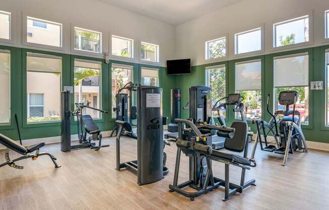 A gym with a variety of equipment including treadmills, weights, and exercise machines.