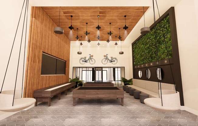 a rendering of a lobby with benches and a television