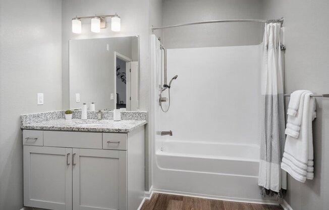 a bathroom with a shower and a sink and a mirror