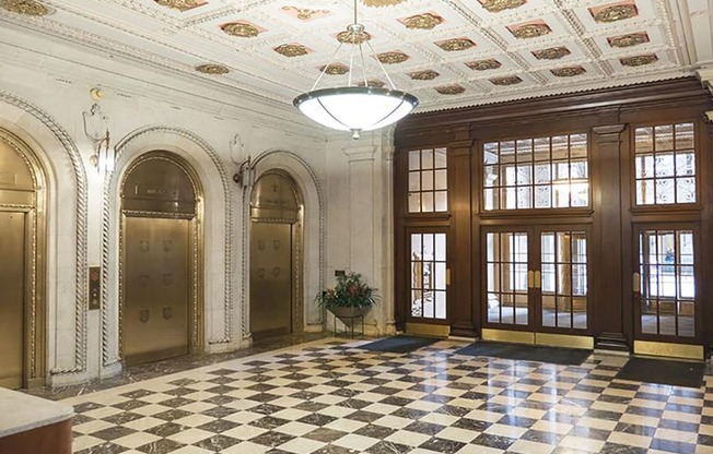Ornate Marble Lobby with Tiffany Elevators  at Residences at Leader, Cleveland