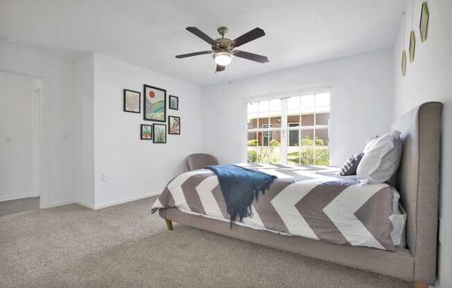 a bedroom with a large bed and a ceiling fan