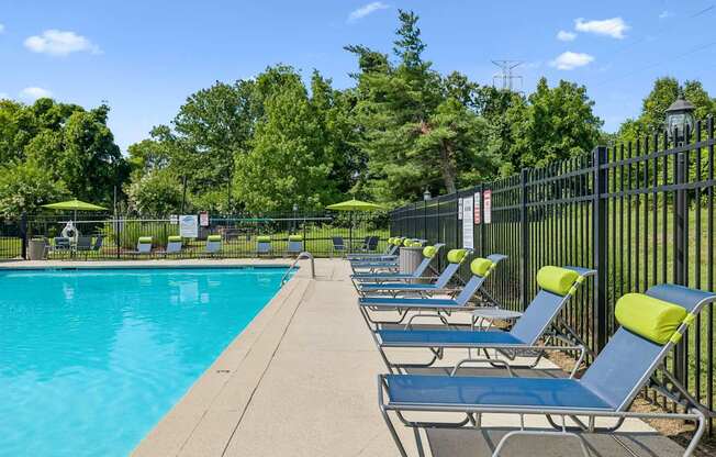 A pool surrounded by trees and chairs.